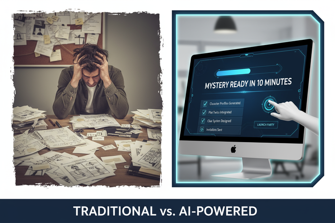 ype: Split-screen graphic
Left side: Traditional mystery party prep (stacks of papers, confused person)
Right side: AI dashboard showing 