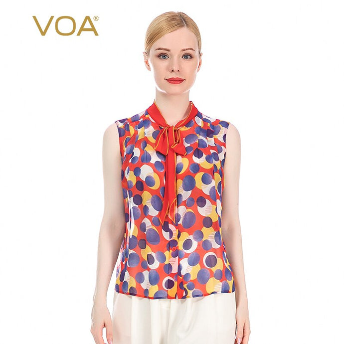 VOA Silk 12m/m Dotted Print Georgette Ribbon Bow Tie Sleeveless Women's Single-Breasted Lightweight Breathable Shirt Female BE97